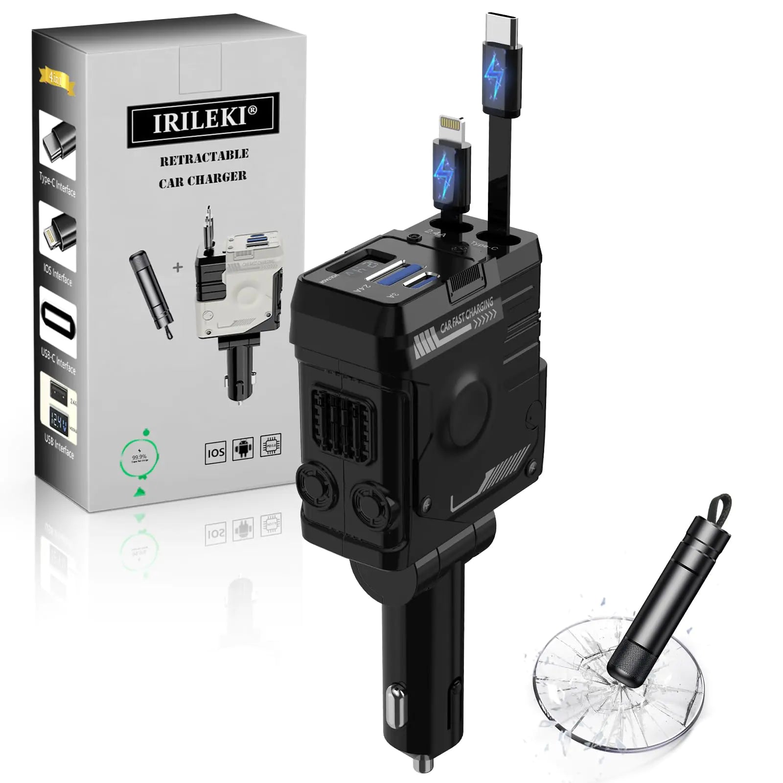 IRILEKI Retractable Car Charger 4 in 1 Fast Car Charger USB C Phone Car Charger Adapter Compatible with iPhone Galaxy Pixel Come with Car Accessories (Car Window Breaker) - Black