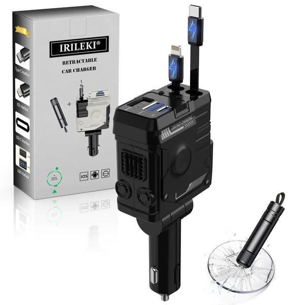 IRILEKI Retractable Car Charger 4 in 1 Fast Car Charger USB C Phone Car Charger Adapter Compatible with iPhone Galaxy Pixel Come with Car Accessories (Car Window Breaker) - Black
